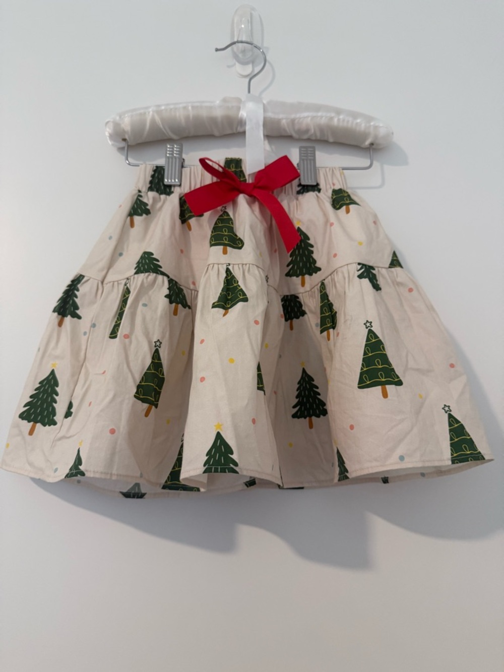 Girls Cream Holiday Tiered Skirt with Green Tree Print and Red Bow